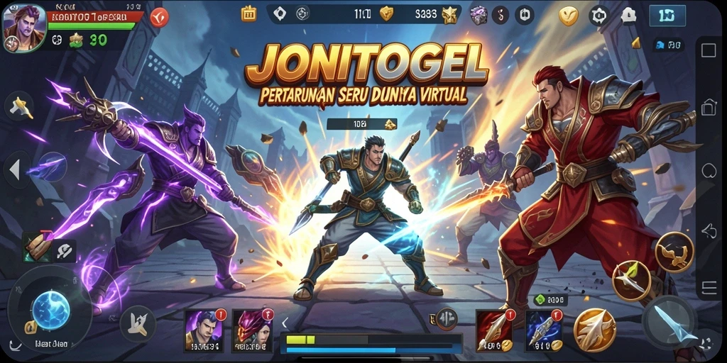 Screenshot dari gameplay <strong>JONITOGEL</strong> menampilkan aksi pertarungan yang intens dan karakter yang beragam.
