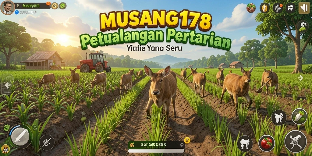 Screenshot gameplay MUSANG178 yang menunjukkan kebun yang subur dan hewan peliharaan.