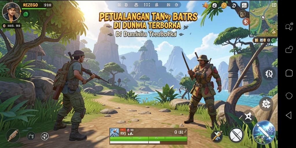 Screenshot menampilkan pemain menjelajahi dunia terbuka REZEGO.