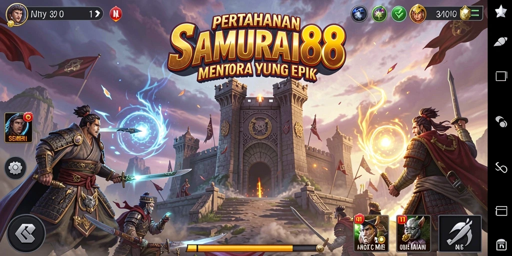 Tangkapan layar gameplay SAMURAI88 menampilkan strategi pertahanan menara yang mendebarkan.