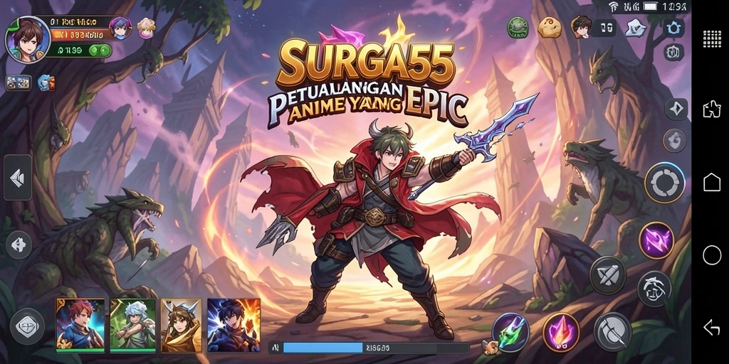Screenshot SURGA55 menunjukkan karakter Anime bertarung dalam pertempuran epik.