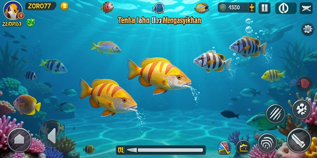 Screenshot gameplay ZORO77 menampilkan perburuan ikan yang seru dan penuh aksi.